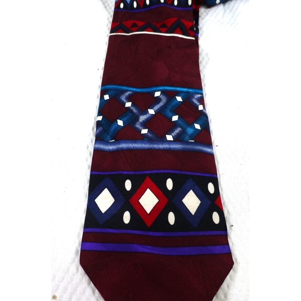 Albert Nipon Silk Mens Tie Geometric Maroon & Blue Pattern